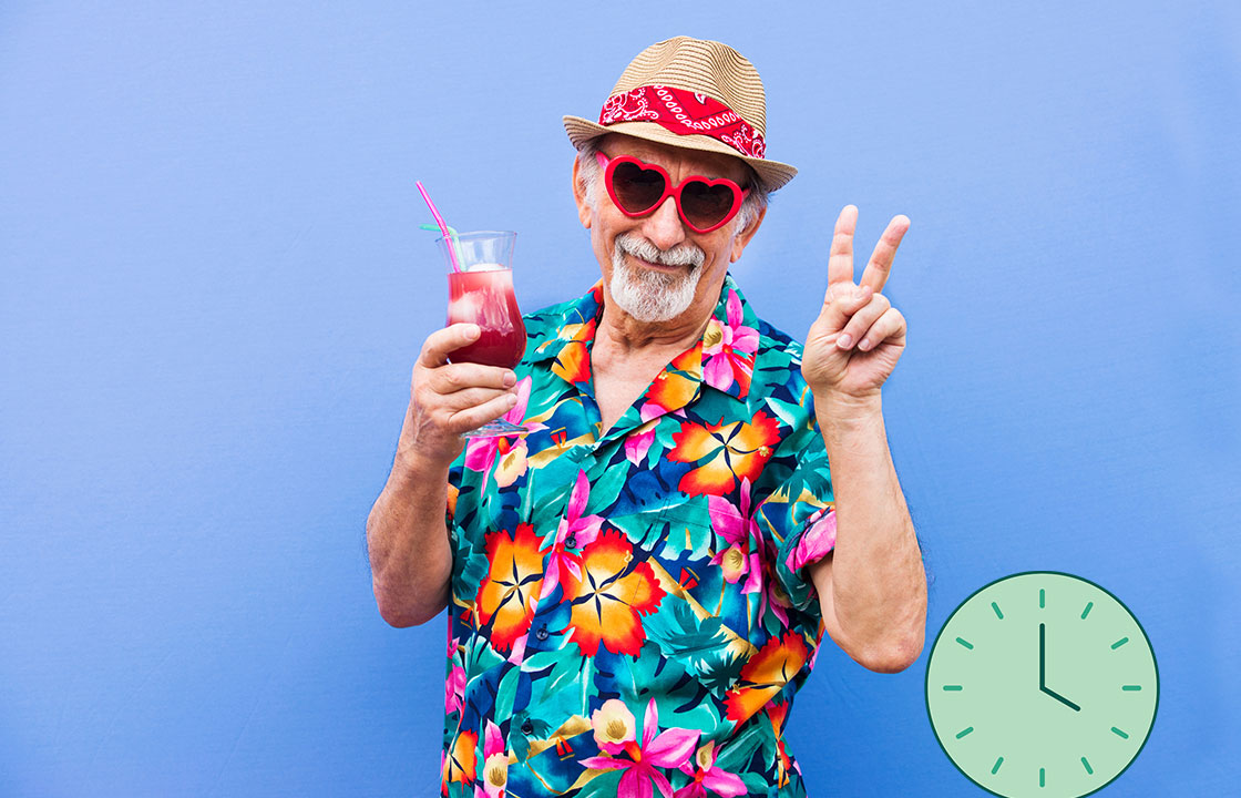 senior man wearing a tropical shirt and wearing sunglasses