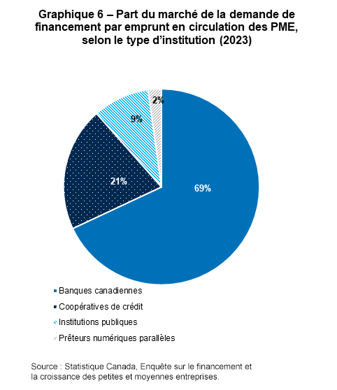 Graphique&nbsp;6&nbsp;–&nbsp;Part du marché de la demande de financement par emprunt en circulation des PME, selon le type d’institution (2023)