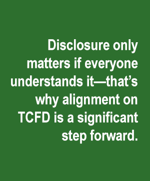 standout quote that says Disclosure only matters if everyone understands it‑that’s why alignment on TCFD is a significant step forward