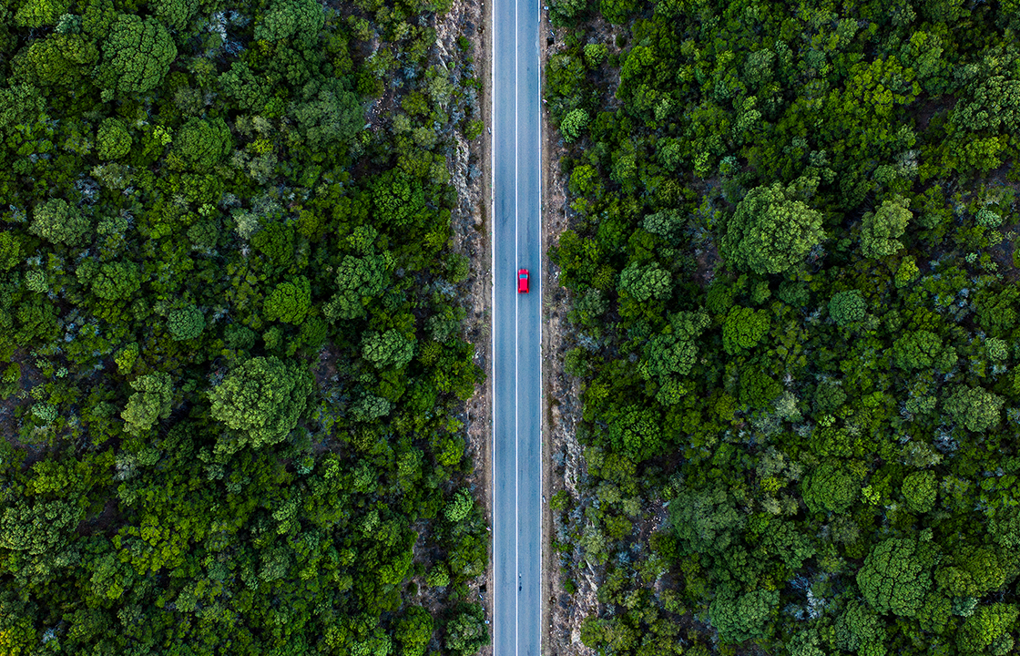  aerial shot of red car driving on empty road between green forests